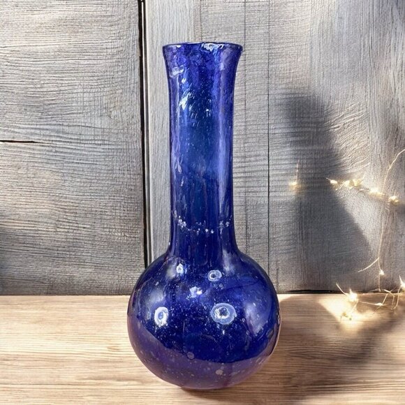 Vintage Egyptian Glass Cobalt Blue Mini Bud Vase Hand Blown With Air Bubbles VTG - Picture 1 of 11